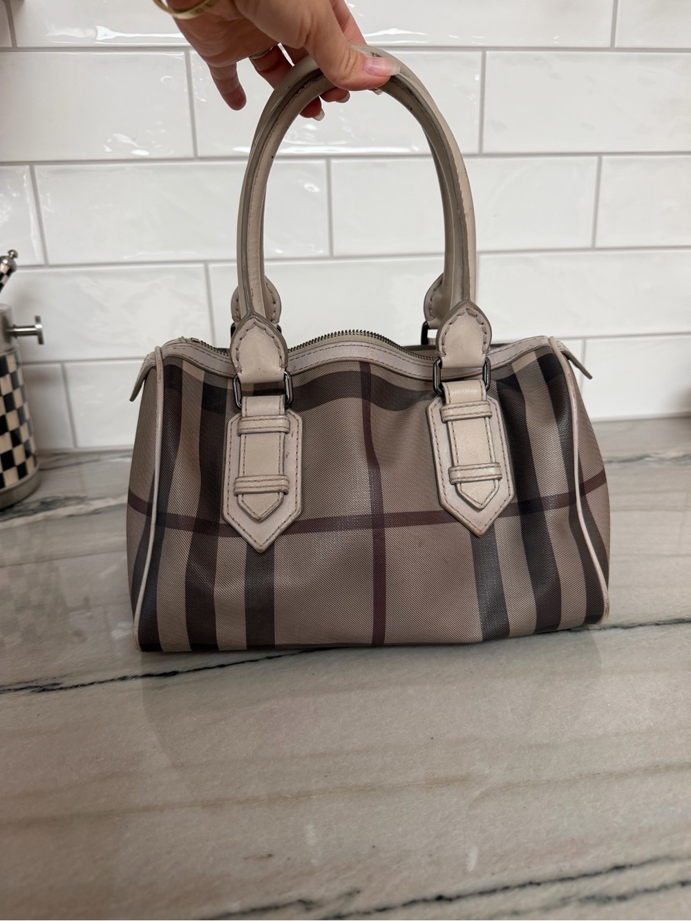 Burberry Smoked Check Canvas Bowling Bag Satchel Cream Leather
